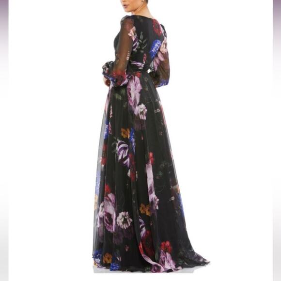 Mac Duggal Black Floral Print Chiffon Long Sleeve Maxi Dress 67872 Women’s Sz 6 - Picture 6 of 9